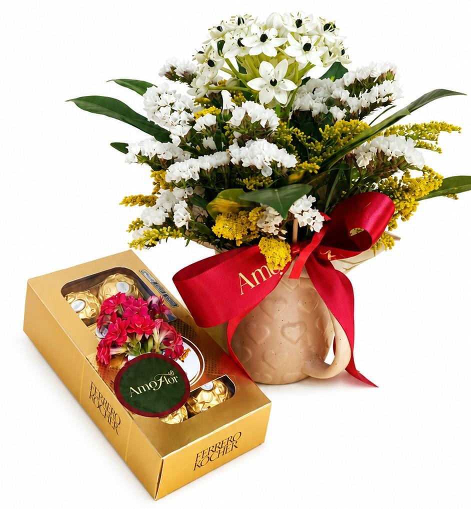 Caneca floral  + Chocolate Ferrero Rocher